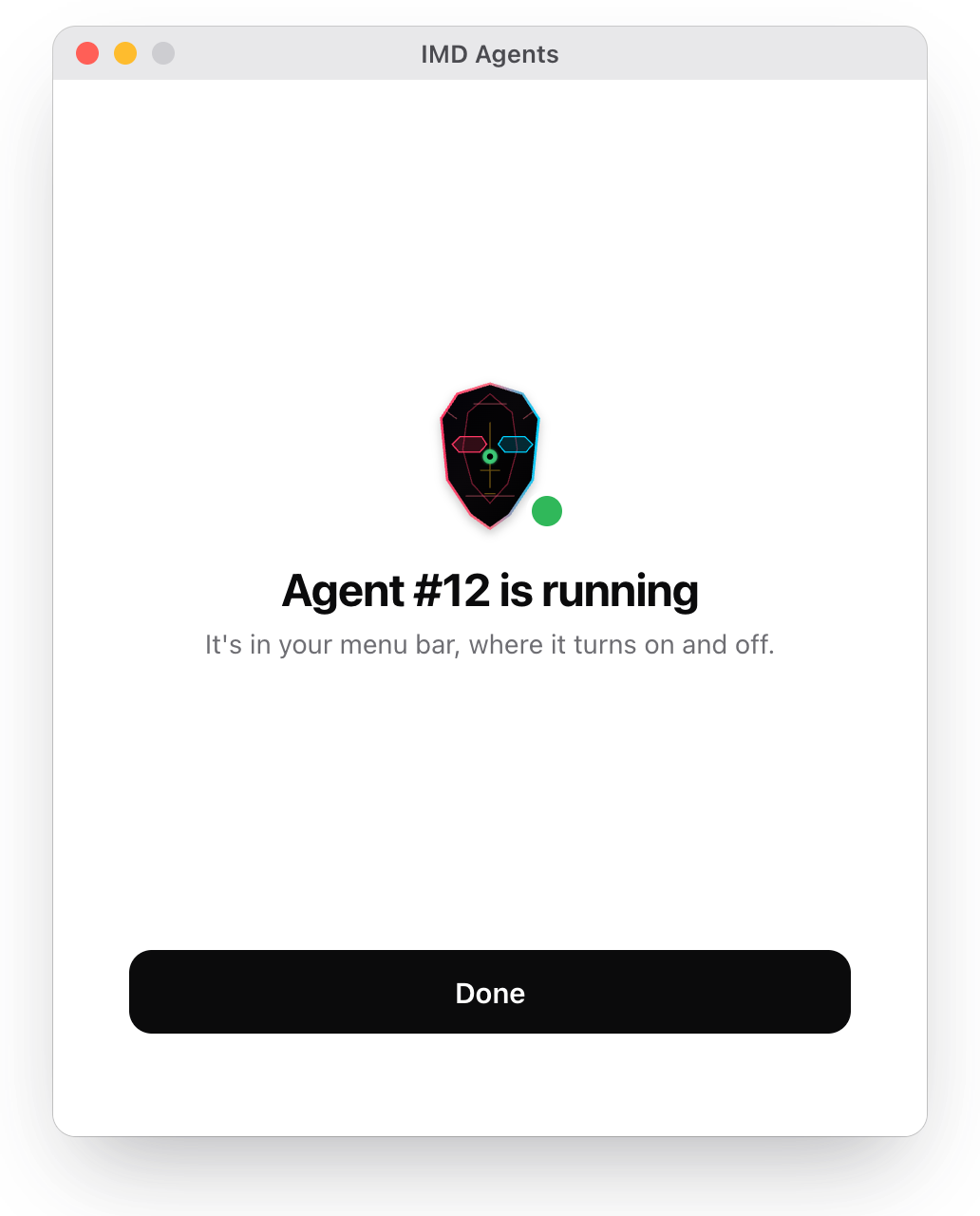 The setup window's last screen: Agent #12 is running